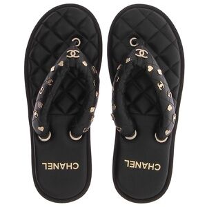 CHANEL Black Quilted Charms Thong Sandals, Size 36.5
